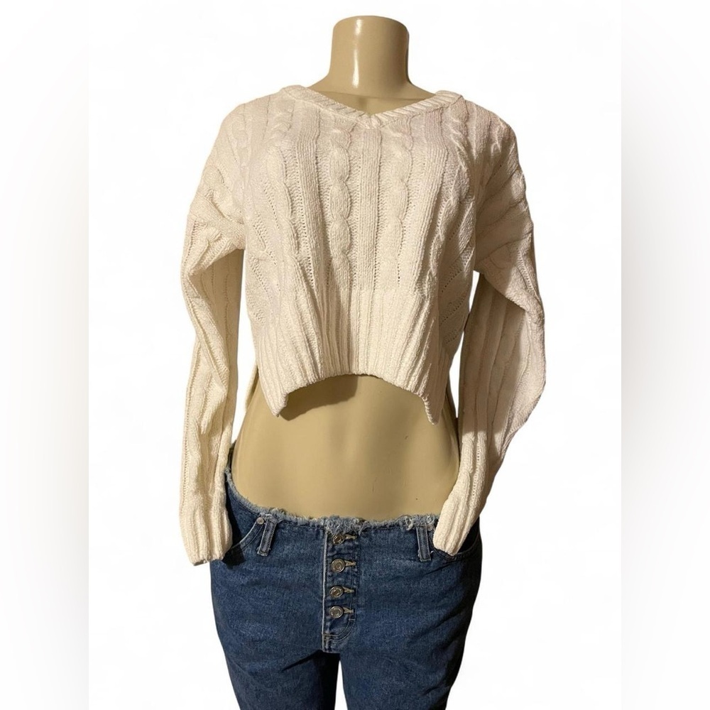 Poof Apparel Cream V-Neck Cable Knit Sweater
